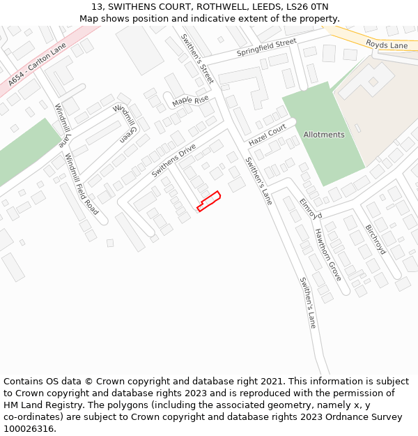 13, SWITHENS COURT, ROTHWELL, LEEDS, LS26 0TN: Location map and indicative extent of plot