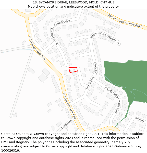 13, SYCAMORE DRIVE, LEESWOOD, MOLD, CH7 4UE: Location map and indicative extent of plot