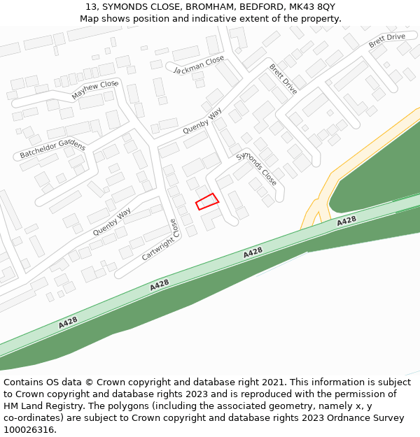 13, SYMONDS CLOSE, BROMHAM, BEDFORD, MK43 8QY: Location map and indicative extent of plot