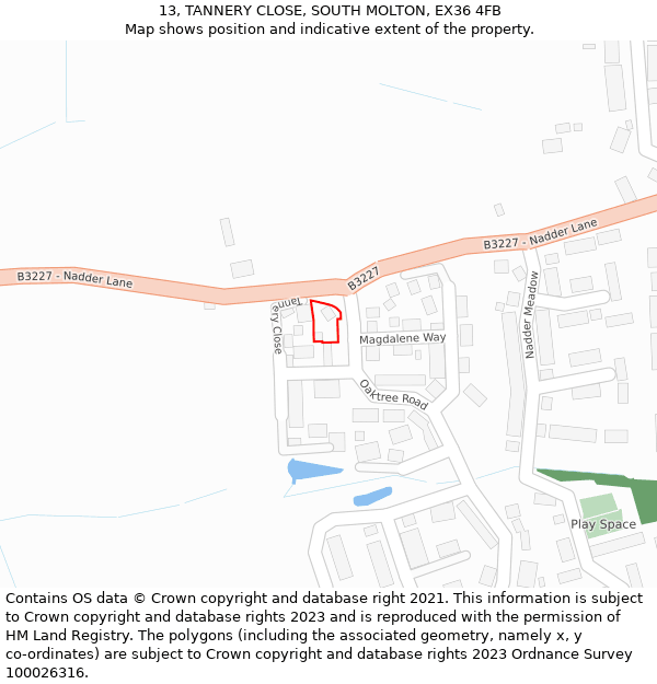 13, TANNERY CLOSE, SOUTH MOLTON, EX36 4FB: Location map and indicative extent of plot