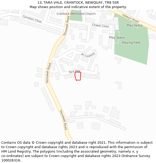 13, TARA VALE, CRANTOCK, NEWQUAY, TR8 5SR: Location map and indicative extent of plot