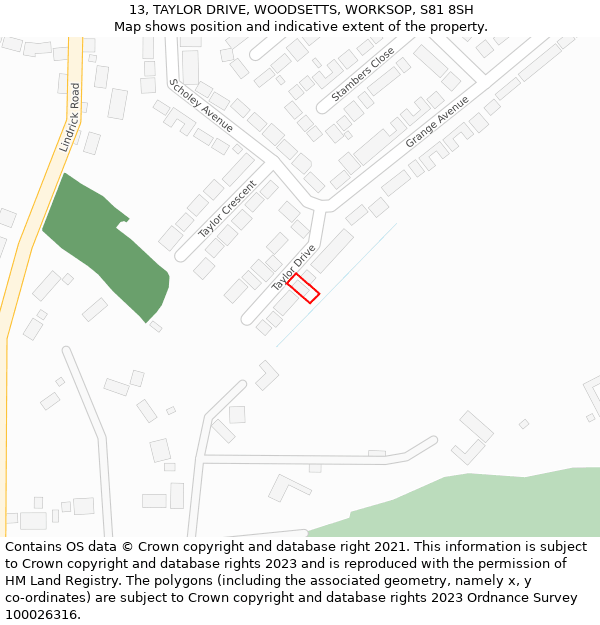 13, TAYLOR DRIVE, WOODSETTS, WORKSOP, S81 8SH: Location map and indicative extent of plot