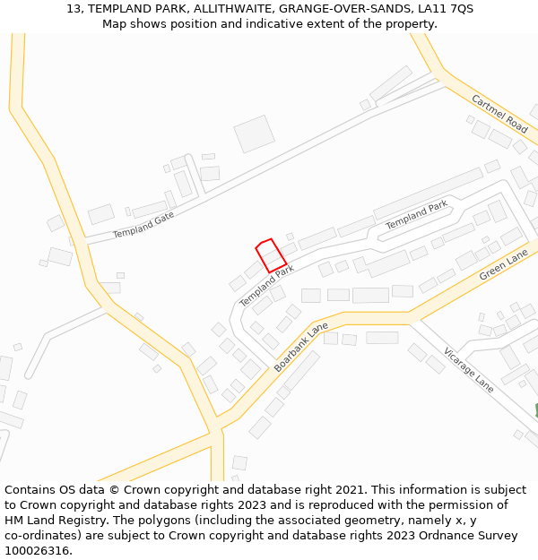 13, TEMPLAND PARK, ALLITHWAITE, GRANGE-OVER-SANDS, LA11 7QS: Location map and indicative extent of plot