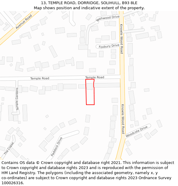 13, TEMPLE ROAD, DORRIDGE, SOLIHULL, B93 8LE: Location map and indicative extent of plot