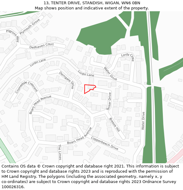 13, TENTER DRIVE, STANDISH, WIGAN, WN6 0BN: Location map and indicative extent of plot