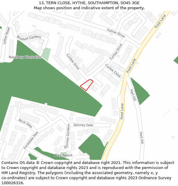 13, TERN CLOSE, HYTHE, SOUTHAMPTON, SO45 3GE: Location map and indicative extent of plot