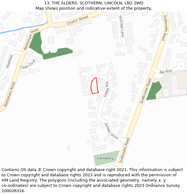 13, THE ALDERS, SCOTHERN, LINCOLN, LN2 2WD: Location map and indicative extent of plot