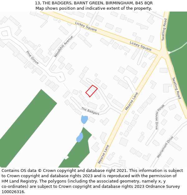 13, THE BADGERS, BARNT GREEN, BIRMINGHAM, B45 8QR: Location map and indicative extent of plot