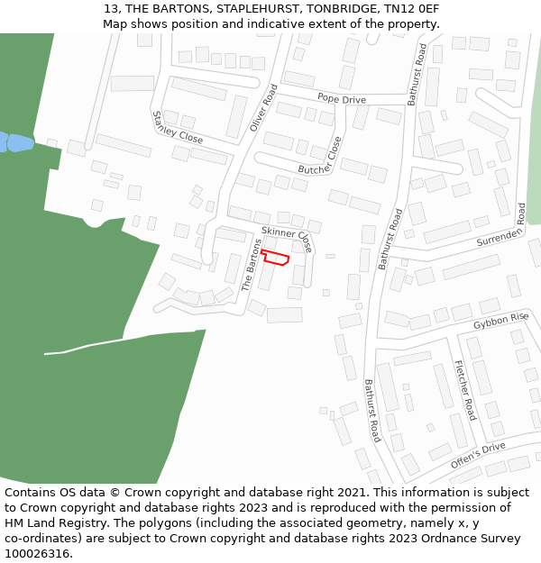 13, THE BARTONS, STAPLEHURST, TONBRIDGE, TN12 0EF: Location map and indicative extent of plot