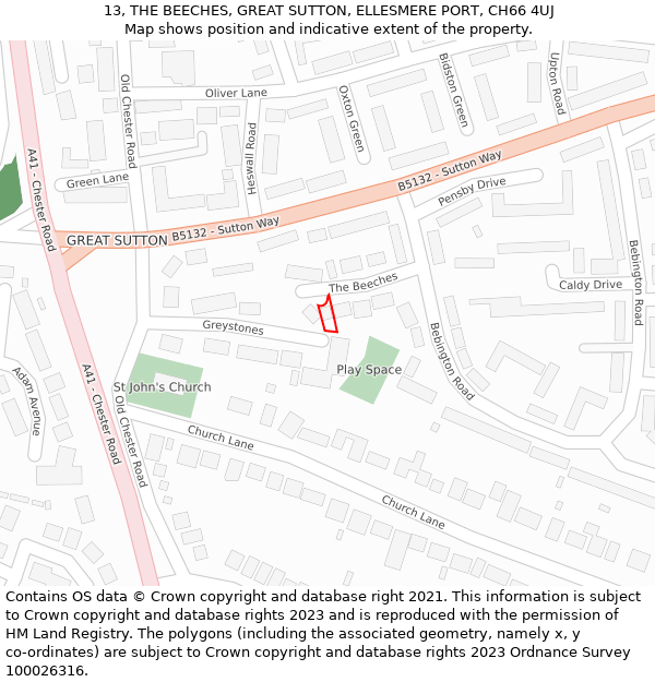 13, THE BEECHES, GREAT SUTTON, ELLESMERE PORT, CH66 4UJ: Location map and indicative extent of plot