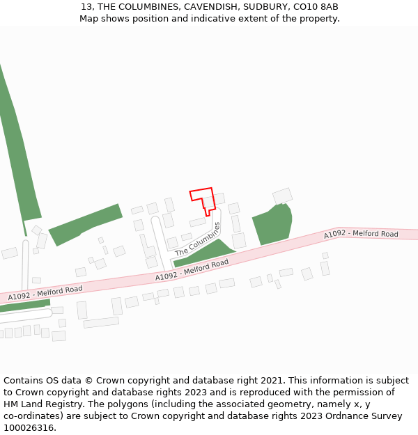 13, THE COLUMBINES, CAVENDISH, SUDBURY, CO10 8AB: Location map and indicative extent of plot