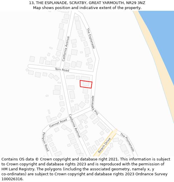 13, THE ESPLANADE, SCRATBY, GREAT YARMOUTH, NR29 3NZ: Location map and indicative extent of plot