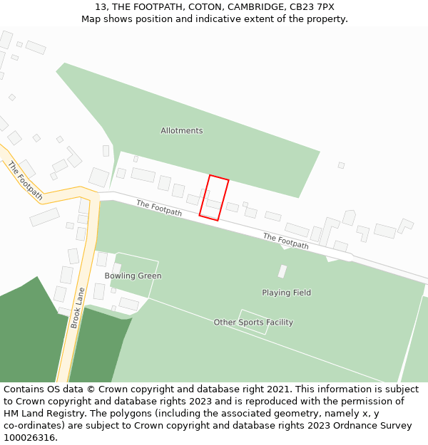 13, THE FOOTPATH, COTON, CAMBRIDGE, CB23 7PX: Location map and indicative extent of plot