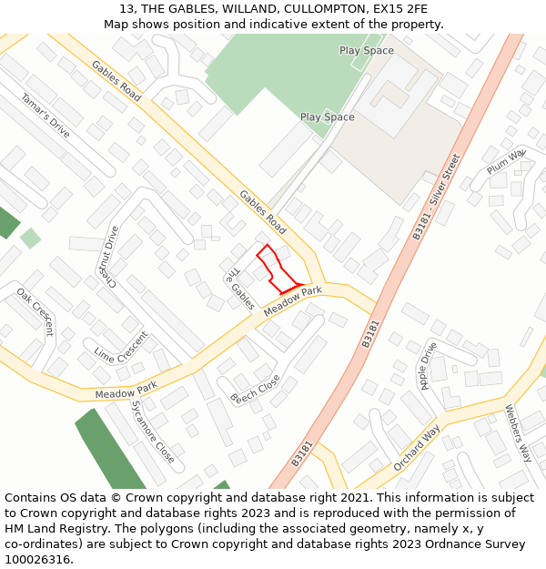 13, THE GABLES, WILLAND, CULLOMPTON, EX15 2FE: Location map and indicative extent of plot