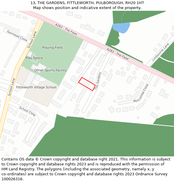 13, THE GARDENS, FITTLEWORTH, PULBOROUGH, RH20 1HT: Location map and indicative extent of plot