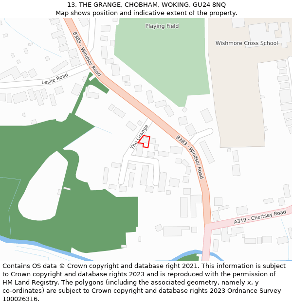 13, THE GRANGE, CHOBHAM, WOKING, GU24 8NQ: Location map and indicative extent of plot