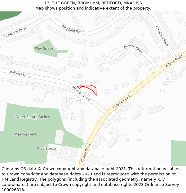 13, THE GREEN, BROMHAM, BEDFORD, MK43 8JS: Location map and indicative extent of plot