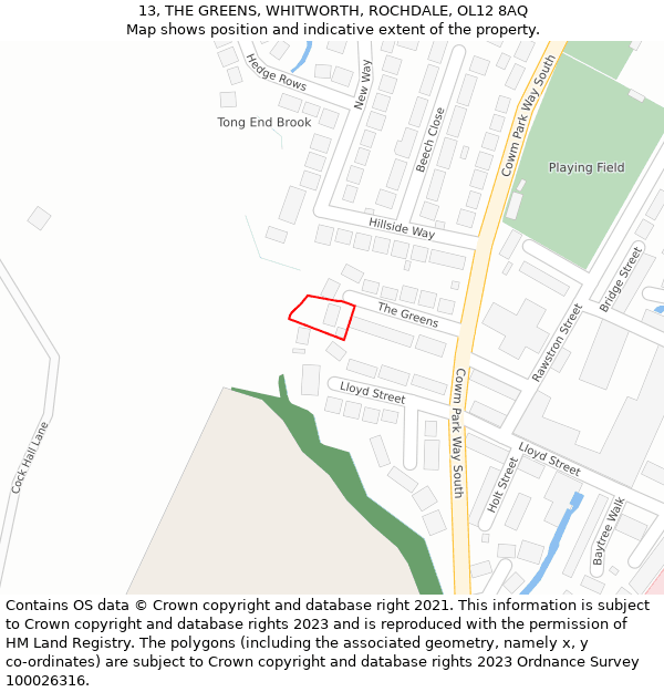 13, THE GREENS, WHITWORTH, ROCHDALE, OL12 8AQ: Location map and indicative extent of plot
