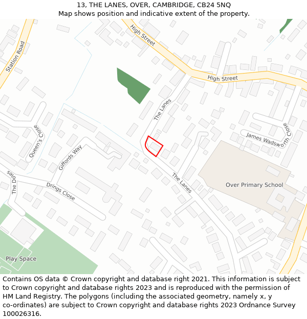 13, THE LANES, OVER, CAMBRIDGE, CB24 5NQ: Location map and indicative extent of plot