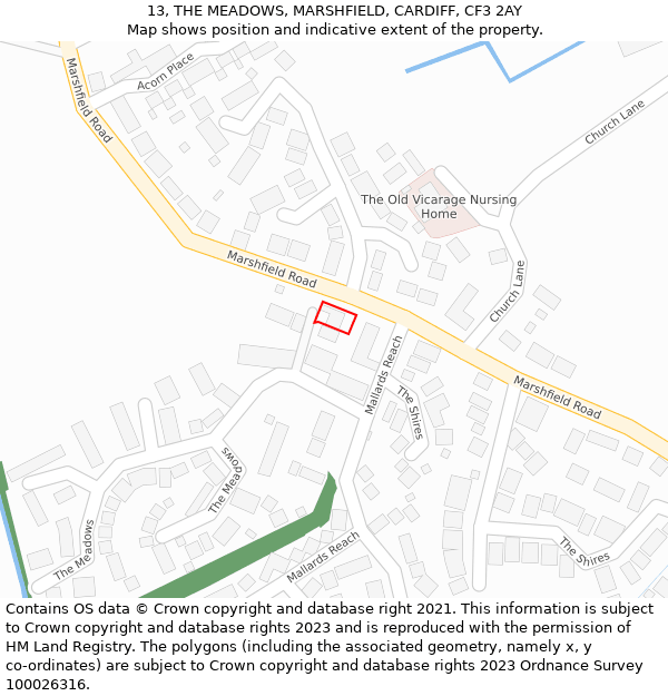 13, THE MEADOWS, MARSHFIELD, CARDIFF, CF3 2AY: Location map and indicative extent of plot