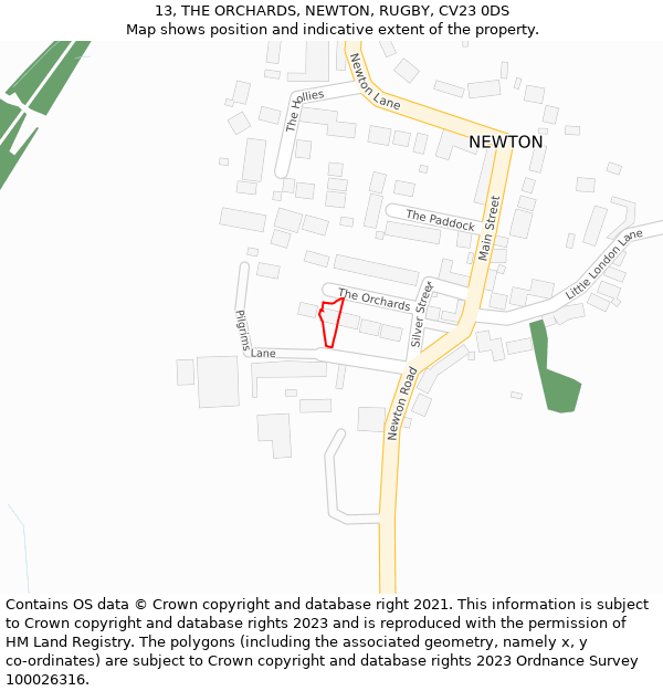 13, THE ORCHARDS, NEWTON, RUGBY, CV23 0DS: Location map and indicative extent of plot