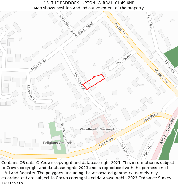 13, THE PADDOCK, UPTON, WIRRAL, CH49 6NP: Location map and indicative extent of plot