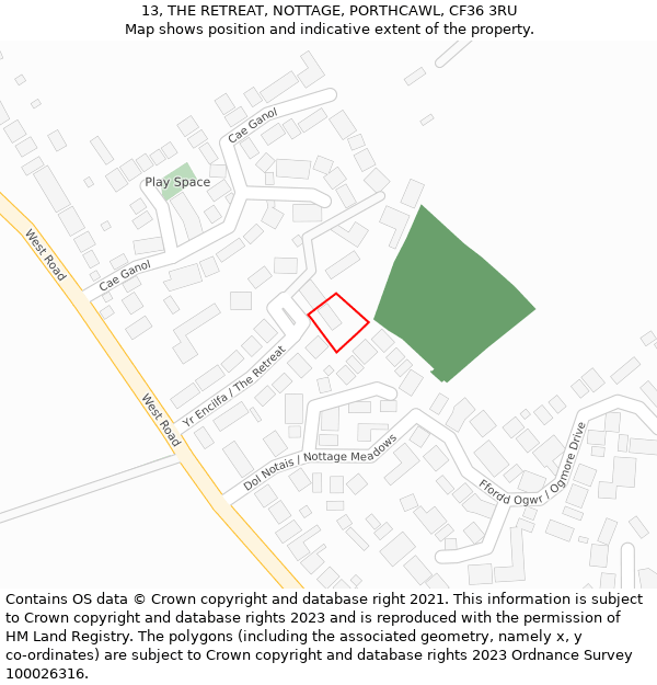 13, THE RETREAT, NOTTAGE, PORTHCAWL, CF36 3RU: Location map and indicative extent of plot