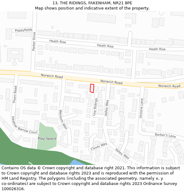 13, THE RIDINGS, FAKENHAM, NR21 8PE: Location map and indicative extent of plot