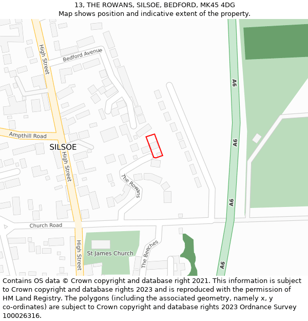 13, THE ROWANS, SILSOE, BEDFORD, MK45 4DG: Location map and indicative extent of plot