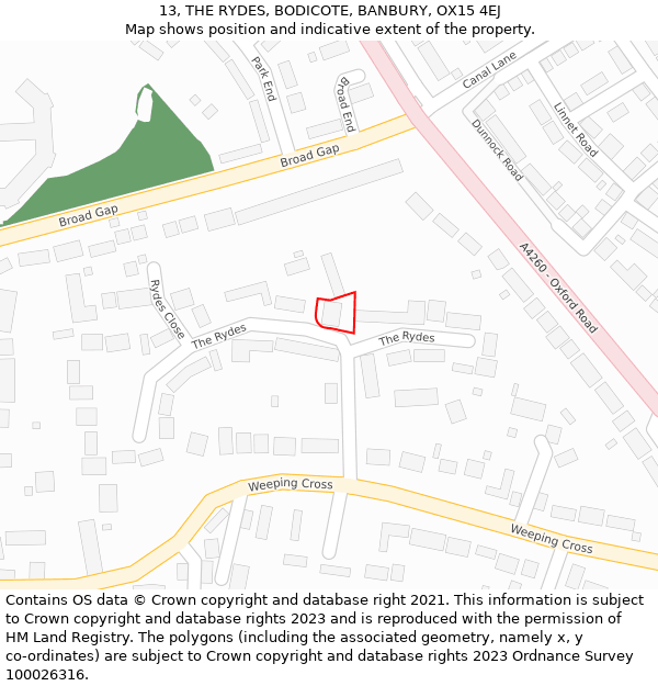 13, THE RYDES, BODICOTE, BANBURY, OX15 4EJ: Location map and indicative extent of plot