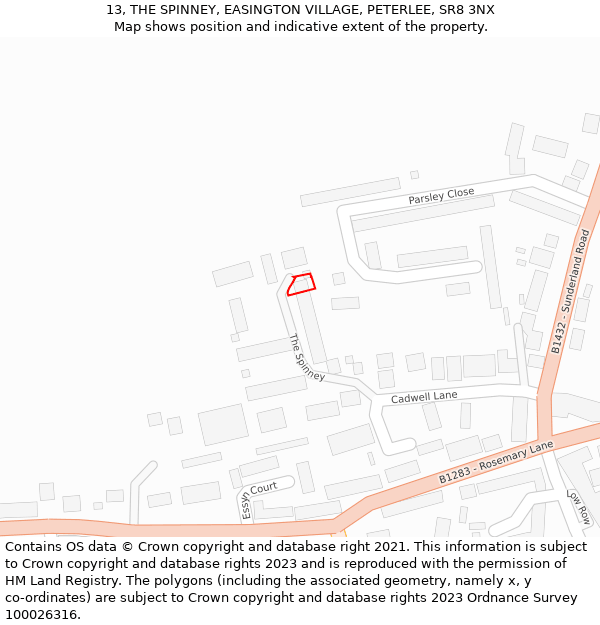 13, THE SPINNEY, EASINGTON VILLAGE, PETERLEE, SR8 3NX: Location map and indicative extent of plot