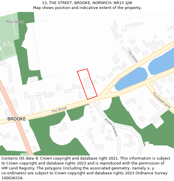 13, THE STREET, BROOKE, NORWICH, NR15 1JW: Location map and indicative extent of plot