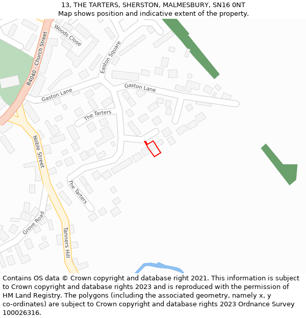 13, THE TARTERS, SHERSTON, MALMESBURY, SN16 0NT: Location map and indicative extent of plot