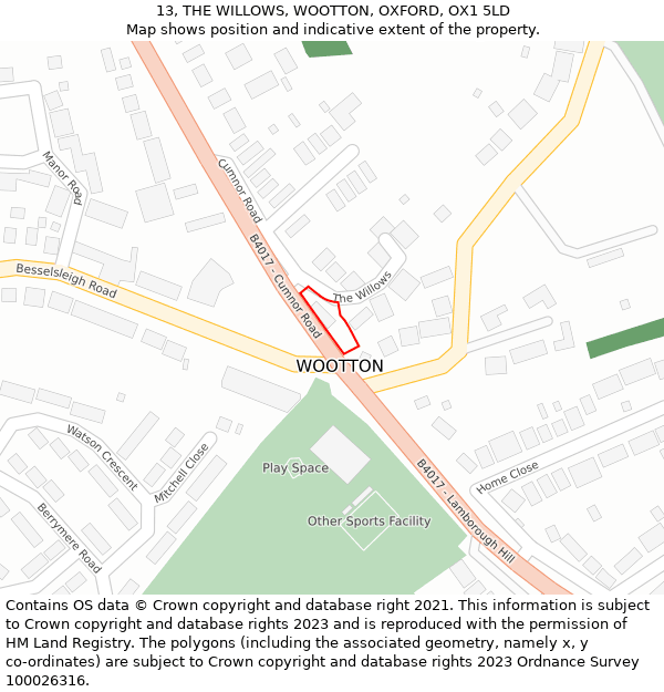 13, THE WILLOWS, WOOTTON, OXFORD, OX1 5LD: Location map and indicative extent of plot