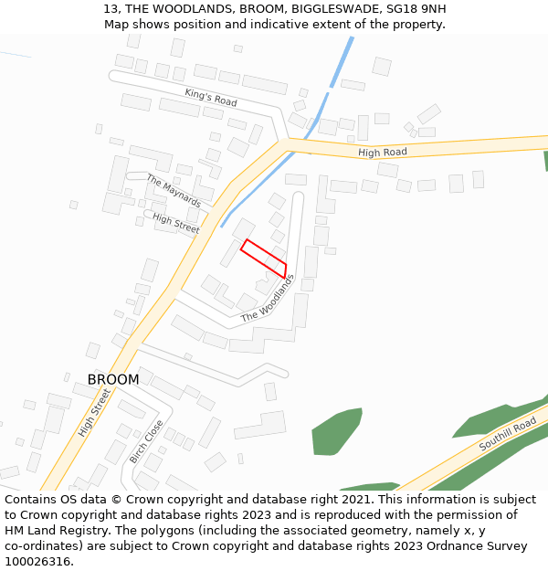 13, THE WOODLANDS, BROOM, BIGGLESWADE, SG18 9NH: Location map and indicative extent of plot