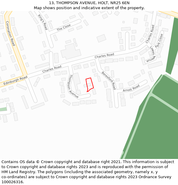13, THOMPSON AVENUE, HOLT, NR25 6EN: Location map and indicative extent of plot