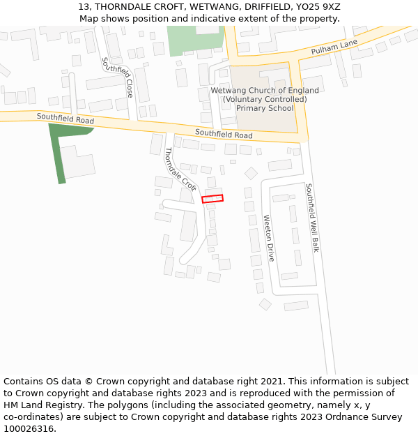 13, THORNDALE CROFT, WETWANG, DRIFFIELD, YO25 9XZ: Location map and indicative extent of plot