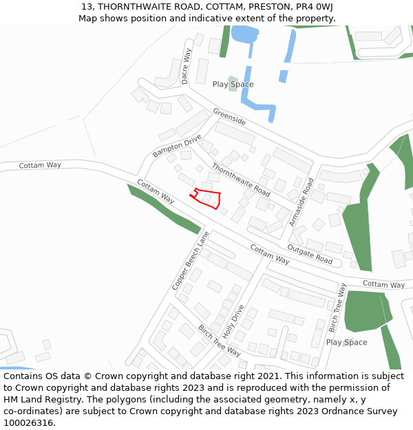 13, THORNTHWAITE ROAD, COTTAM, PRESTON, PR4 0WJ: Location map and indicative extent of plot