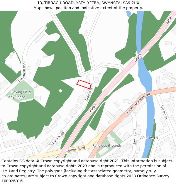 13, TIRBACH ROAD, YSTALYFERA, SWANSEA, SA9 2HX: Location map and indicative extent of plot