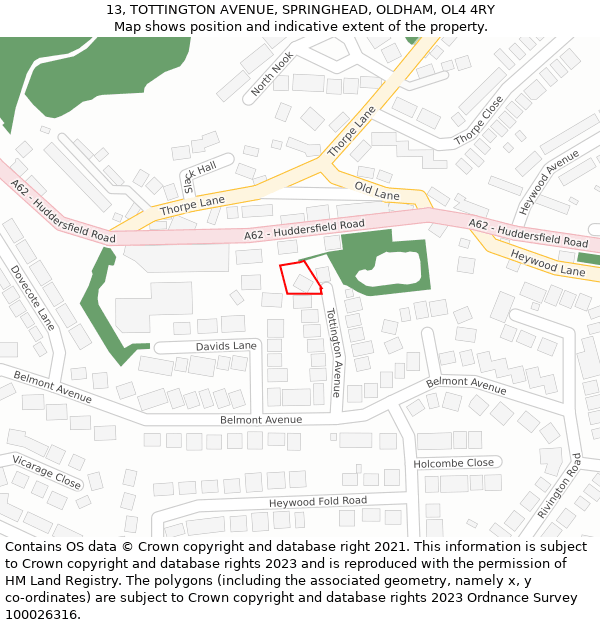 13, TOTTINGTON AVENUE, SPRINGHEAD, OLDHAM, OL4 4RY: Location map and indicative extent of plot