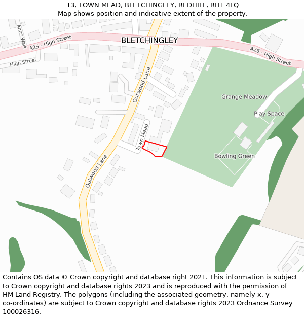 13, TOWN MEAD, BLETCHINGLEY, REDHILL, RH1 4LQ: Location map and indicative extent of plot