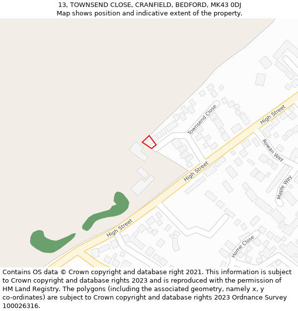 13, TOWNSEND CLOSE, CRANFIELD, BEDFORD, MK43 0DJ: Location map and indicative extent of plot