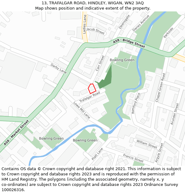 13, TRAFALGAR ROAD, HINDLEY, WIGAN, WN2 3AQ: Location map and indicative extent of plot