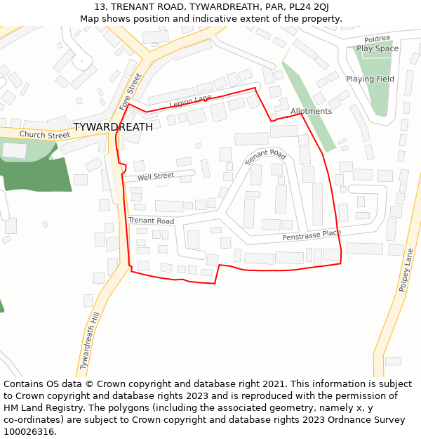 13, TRENANT ROAD, TYWARDREATH, PAR, PL24 2QJ: Location map and indicative extent of plot