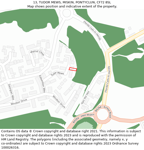 13, TUDOR MEWS, MISKIN, PONTYCLUN, CF72 8SL: Location map and indicative extent of plot