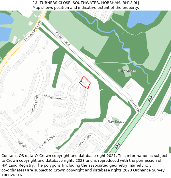 13, TURNERS CLOSE, SOUTHWATER, HORSHAM, RH13 9LJ: Location map and indicative extent of plot