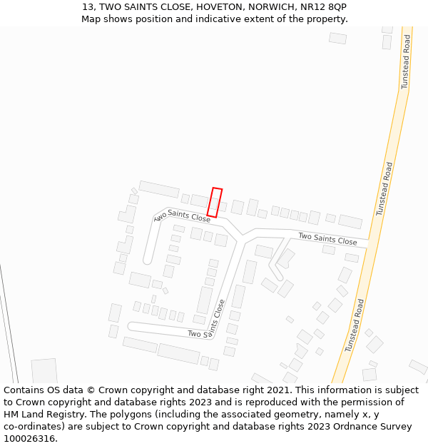 13, TWO SAINTS CLOSE, HOVETON, NORWICH, NR12 8QP: Location map and indicative extent of plot