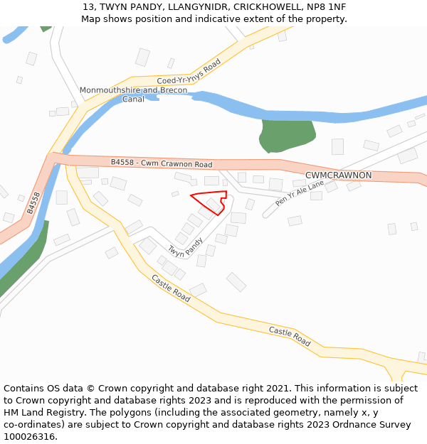 13, TWYN PANDY, LLANGYNIDR, CRICKHOWELL, NP8 1NF: Location map and indicative extent of plot