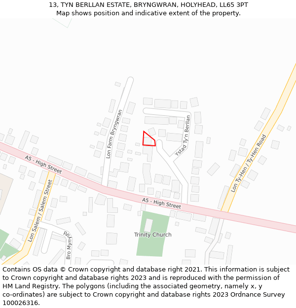 13, TYN BERLLAN ESTATE, BRYNGWRAN, HOLYHEAD, LL65 3PT: Location map and indicative extent of plot