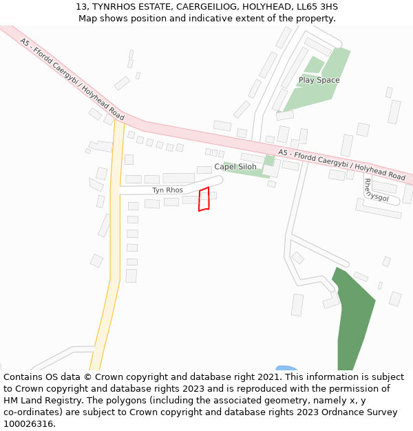 13, TYNRHOS ESTATE, CAERGEILIOG, HOLYHEAD, LL65 3HS: Location map and indicative extent of plot